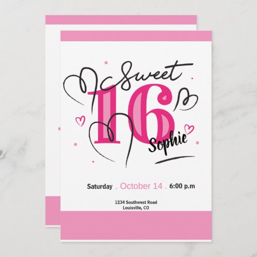 Sweet 16 Uitnodiging Fuchsia Pink 16th Birthday (Voorkant / Achterkant)