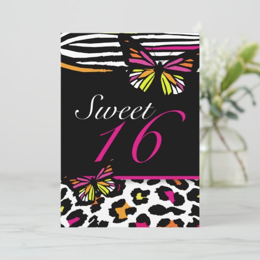 Sweet 16 Uitnodiging, heldere vlinder & Zebra Prin Kaart (Staand voorkant)