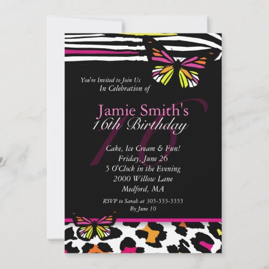 Sweet 16 Uitnodiging, heldere vlinder & Zebra Prin Kaart (Achterkant)