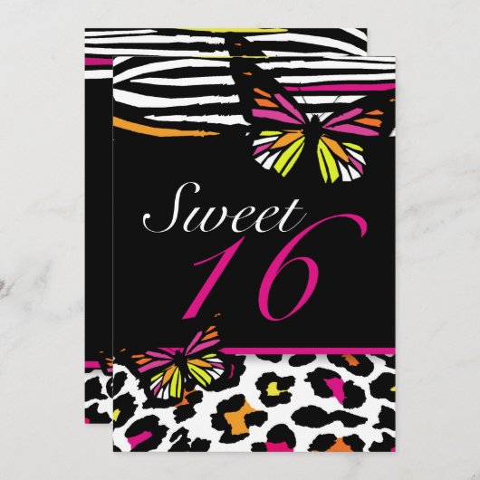 Sweet 16 Uitnodiging, heldere vlinder & Zebra Prin Kaart (Voorkant / Achterkant)