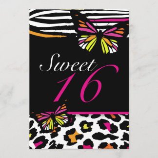 Sweet 16 Uitnodiging, heldere vlinder & Zebra Prin Kaart