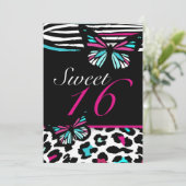Sweet 16 Uitnodiging, heldere vlinder & Zebra Prin Kaart (Staand voorkant)