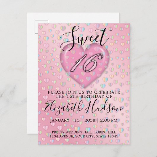 Sweet 16 Uitnodiging met roze hart en speckles (Voorkant / Achterkant)