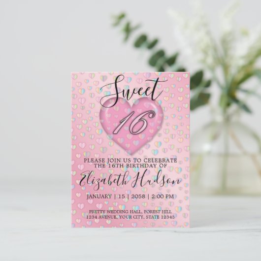 Sweet 16 Uitnodiging met roze hart en speckles (Staand voorkant)