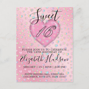 Sweet 16 Uitnodiging met roze hart en speckles Briefkaart