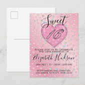 Sweet 16 Uitnodiging met roze hart en speckles Briefkaart (Voorkant / Achterkant)