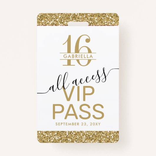 Sweet 16 Uitnodiging VIP Pass White en Gold Badge (Voorkant)