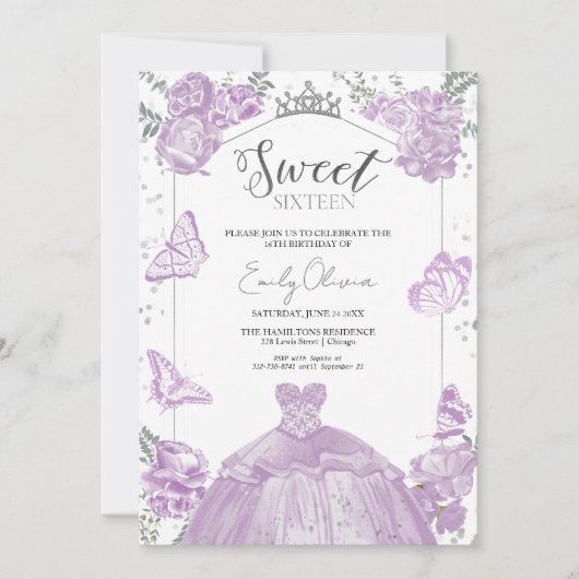 Sweet 16 Uitnodiging Vlinder Lavendel Jurk (Voorkant)