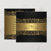 Sweet 16 | Uitnodiging voor Gold & Black Damask (Voorkant / Achterkant)