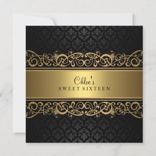 Sweet 16 | Uitnodiging voor Gold & Black Damask (Voorkant)