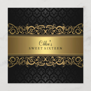 Sweet 16 Uitnodiging voor Gold & Black Damask