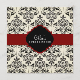 Sweet 16 | Uitnodiging voor rood en zwart damast