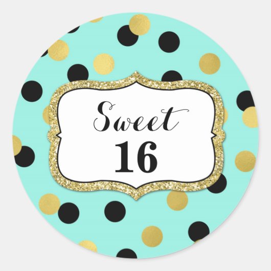Sweet 16 Verjaardag Blauwgroen Zwart Goud Confetti Ronde Sticker (Voorkant)