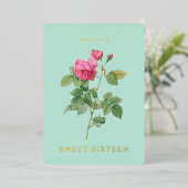 Sweet 16 Verjaardag Bloemen Mint Groen en Goud Folie Uitnodiging (Staand Voorkant)