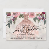 Sweet 16 Verjaardag Bloemen Roos Gouden jurk Kaart (Voorkant)