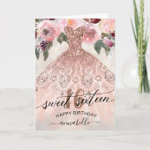 Sweet 16 Verjaardag Bloemen Roos Gouden jurk Kaart (Voorkant)