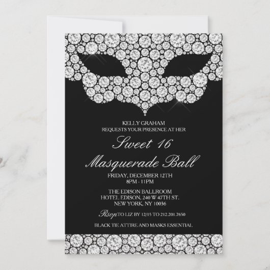Sweet 16 Verjaardag Diamond Masker Uitnodiging (Voorkant)