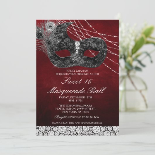 Sweet 16 Verjaardag Diamond Masker Uitnodiging (Staand voorkant)