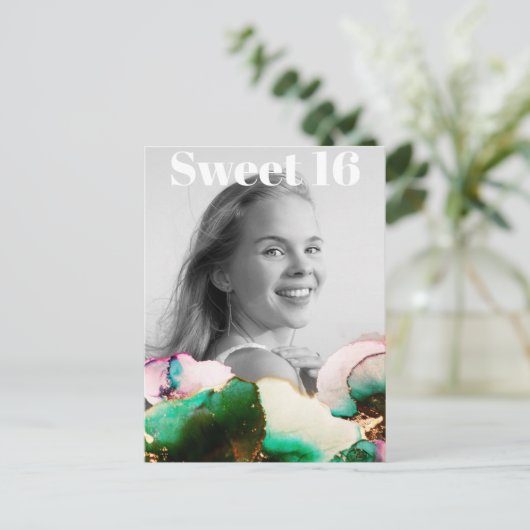 ** Sweet 16 Verjaardag Foto Groene PinK Mint AP29 Uitnodiging Briefkaart (Staand voorkant)