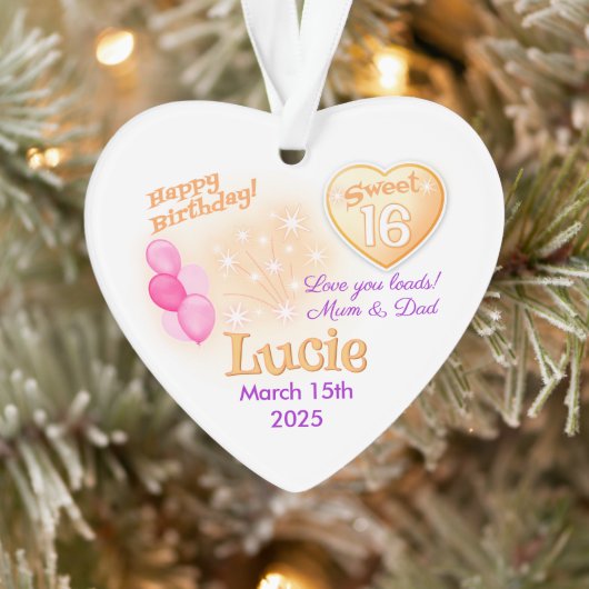 Sweet 16 verjaardag gepersonaliseerd Meisje hart c Ornament (Boom)