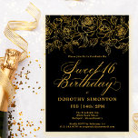 Sweet 16 Verjaardag Goud Roos Bloemen Zwart Kaart<br><div class="desc">Elegante open lijn gouden rozen creëer de perfecte bovenrand. De zwarte achtergrond geeft een dramatische aantrekkingskracht en de kalligrafie voegt een luxe touch toe. Deze uitnodiging maakt deel uit van het Luxe Gold Roos Collectie. Het bevat sjablonen voor verjaardagssuite briefpapier,  welkomstborden en feestdecoraties.</div>