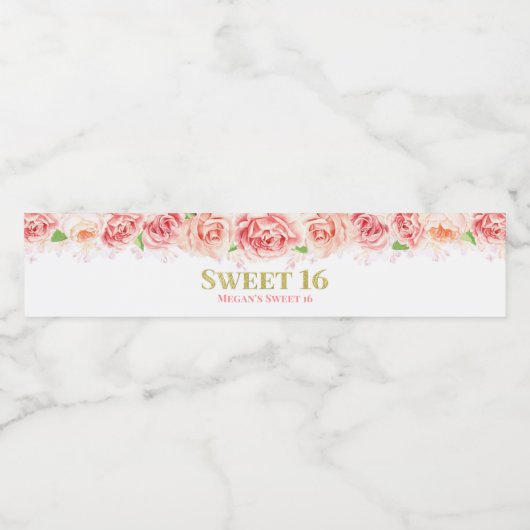 Sweet 16 Verjaardag Goud Roze Bloemen Waterfles Etiket (Enkel label)