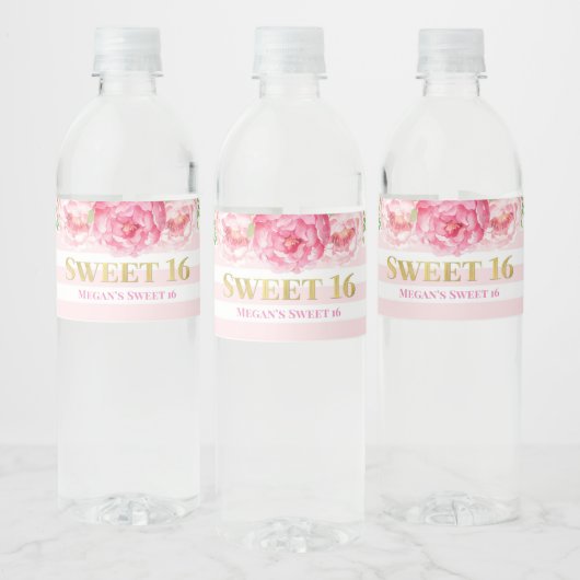 Sweet 16 Verjaardag Goud Roze Strepen Bloemen Waterfles Etiket (Flessen)