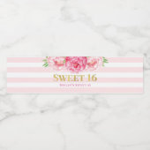 Sweet 16 Verjaardag Goud Roze Strepen Bloemen Waterfles Etiket (Enkel label)