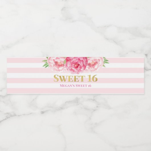 Sweet 16 Verjaardag Goud Roze Strepen Bloemen Waterfles Etiket (Enkel label)