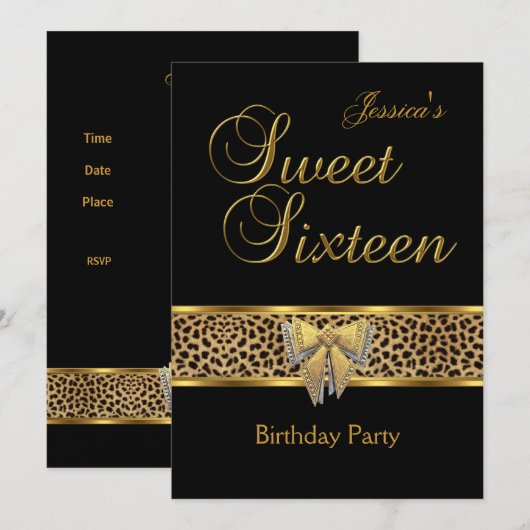Sweet 16 Verjaardag Goud Zwart Luipaard boog Kaart (Voorkant / Achterkant)