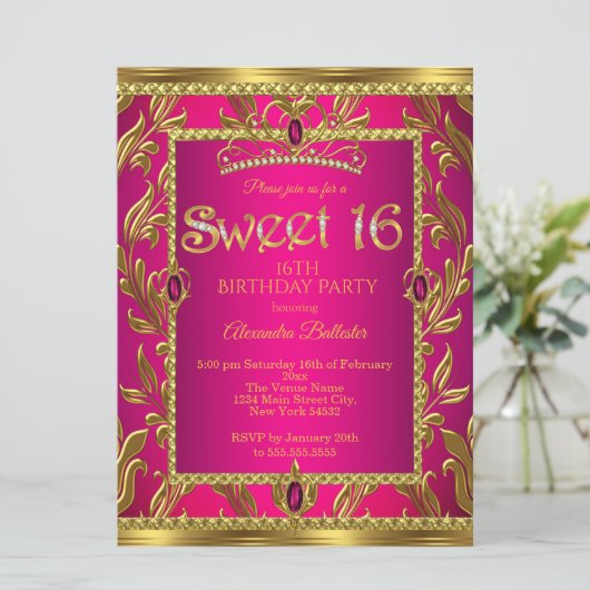 Sweet 16 Verjaardag Hot Pink Jewel Tiara Gold Kaart (Staand voorkant)