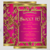 Sweet 16 Verjaardag Hot Pink Jewel Tiara Gold Kaart (Voorkant / Achterkant)