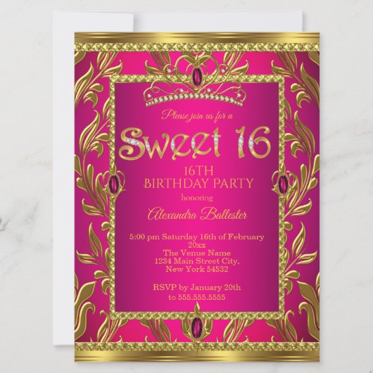 Sweet 16 Verjaardag Hot Pink Jewel Tiara Gold Kaart (Voorkant)