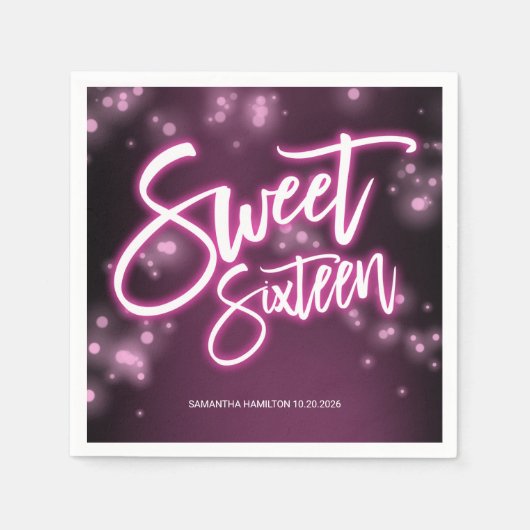 Sweet 16 Verjaardag Hot Pink Neon Glow Effect Part Servet (Voorkant)