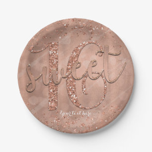 Sweet 16 Verjaardag Nep Rose Goud Glitter Feest Papieren Bordje