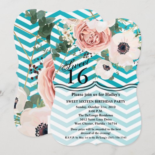 Sweet 16 Verjaardag Nodig Geometrisch Roos Chevron Kaart (Voorkant / Achterkant)