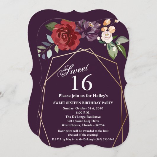 Sweet 16 Verjaardag Nodig pruim Paarse Rozen Goud  Kaart (Voorkant / Achterkant)