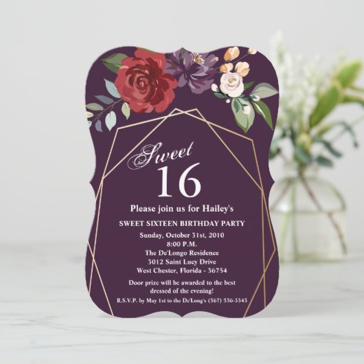 Sweet 16 Verjaardag Nodig pruim Paarse Rozen Goud  Kaart (Staand voorkant)