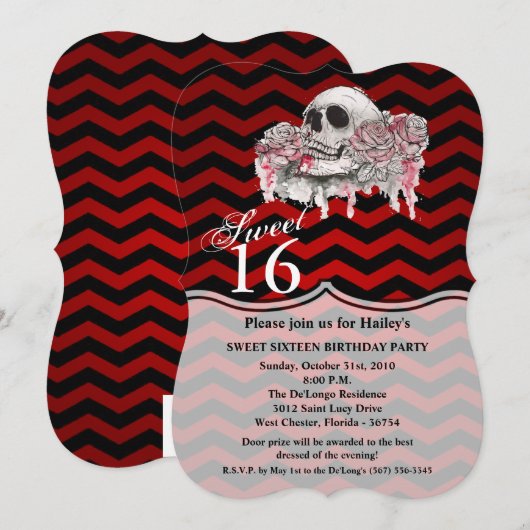 Sweet 16 Verjaardag Nodig schedel Roos Gothic Chev Kaart (Voorkant / Achterkant)