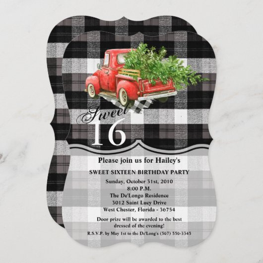Sweet 16 Verjaardag Nodig XMAS Truck Baffalo Plaid Kaart (Voorkant / Achterkant)