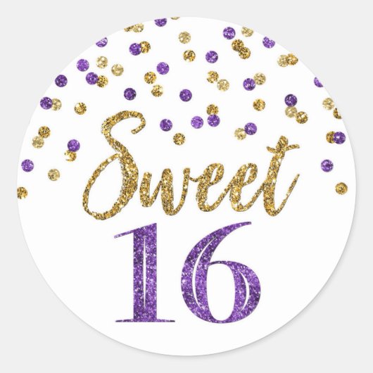 Sweet 16 Verjaardag Paarse Gouden Confetti Ronde Sticker (Voorkant)