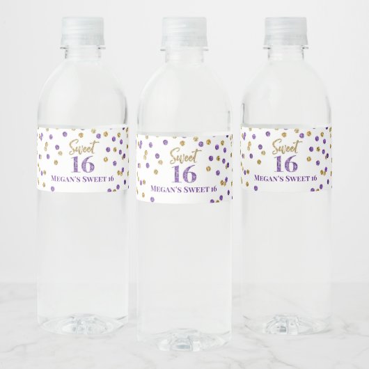 Sweet 16 Verjaardag Paarse Gouden Confetti Waterfles Etiket (Flessen)