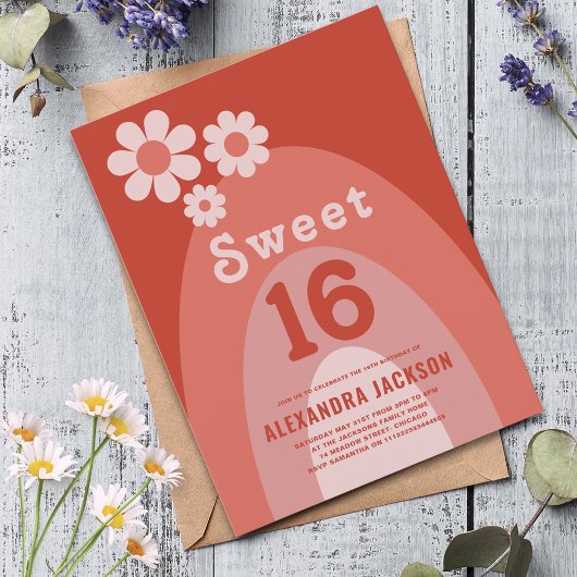 Sweet 16 Verjaardag Party Groovy Sinaasappel Bloem Uitnodiging Briefkaart