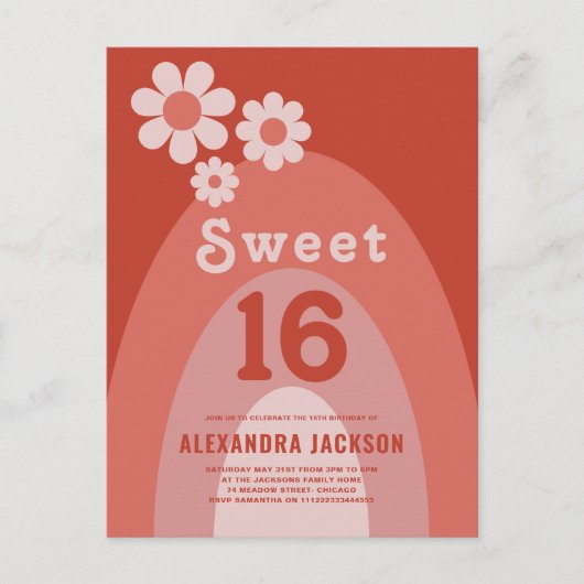 Sweet 16 Verjaardag Party Groovy Sinaasappel Bloem Uitnodiging Briefkaart (Voorkant)