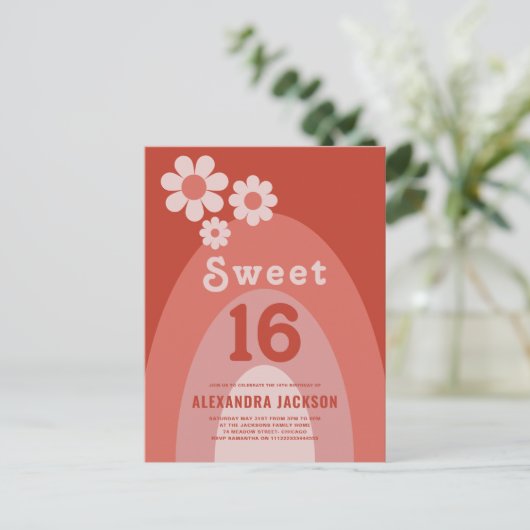 Sweet 16 Verjaardag Party Groovy Sinaasappel Bloem Uitnodiging Briefkaart (Staand voorkant)