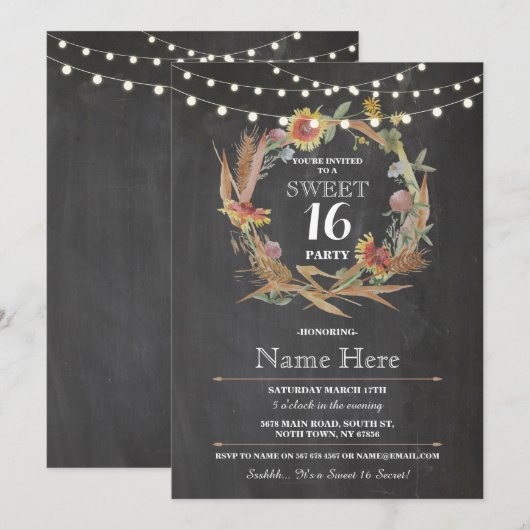 Sweet 16 Verjaardag Party Krijt Krans Bloemen Uitn Kaart (Voorkant / Achterkant)