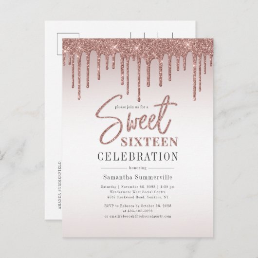 Sweet 16 Verjaardag Roos Gold Script Party Uitnodiging Briefkaart (Voorkant / Achterkant)