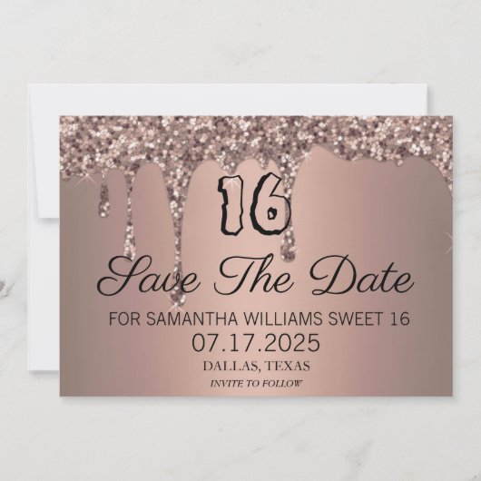 Sweet 16 Verjaardag Roos Gouden Sparkle Glitter Dr Save The Date (Voorkant)