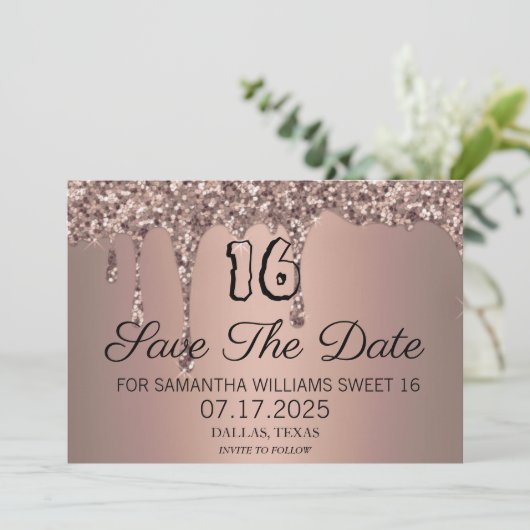 Sweet 16 Verjaardag Roos Gouden Sparkle Glitter Dr Save The Date (Staand voorkant)