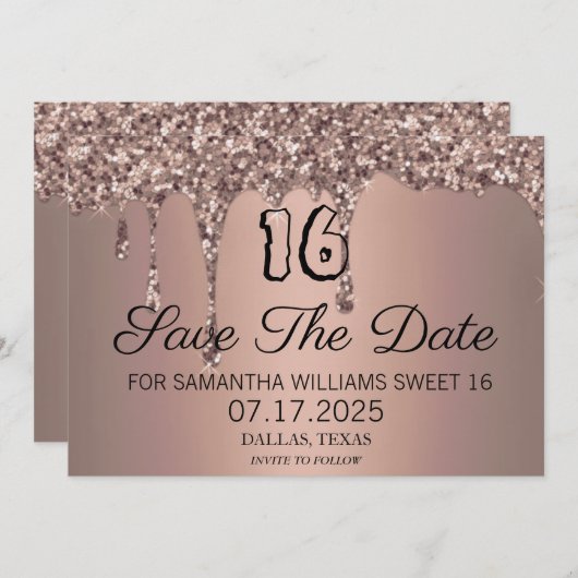 Sweet 16 Verjaardag Roos Gouden Sparkle Glitter Dr Save The Date (Voorkant / Achterkant)